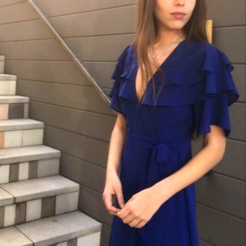 Cobalt Royal Blue Ruffle Wrap V-Neck Mini Dress